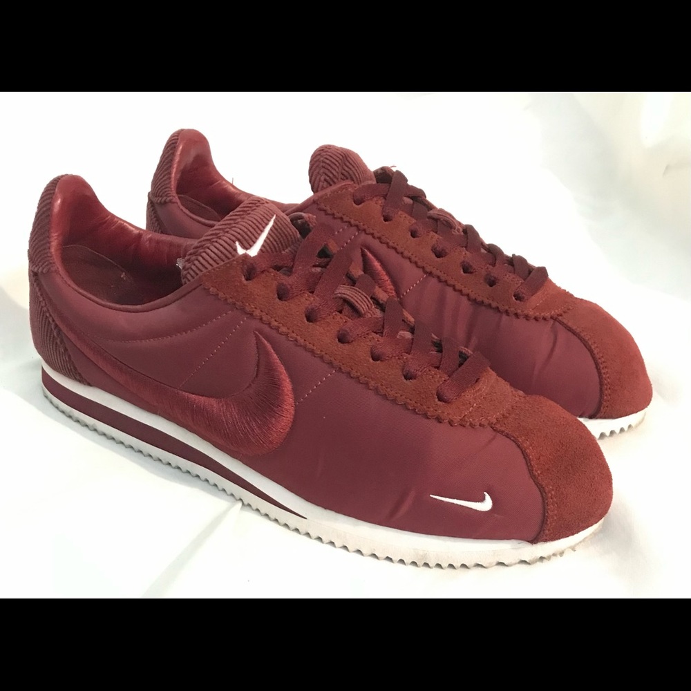 Nike Cortez in burgundy corduroy.